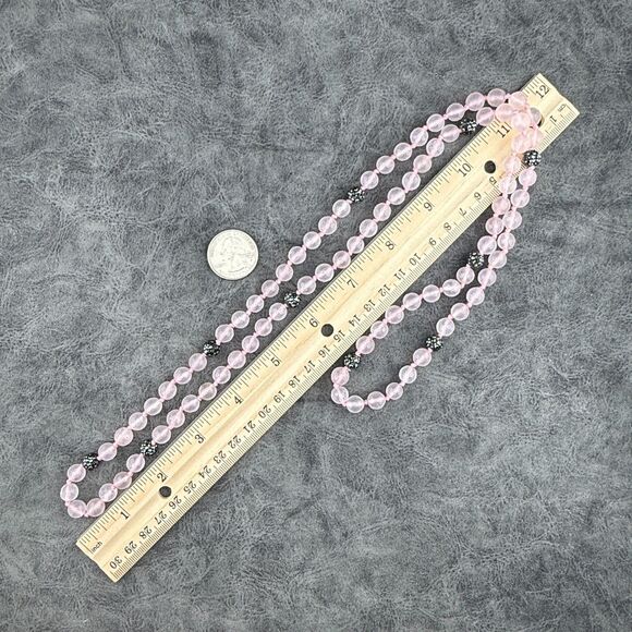 Faceted Rose Quartz Beaded Natural Stone Necklace 19" Soft Pink Black Elegant - Picture 7 of 10